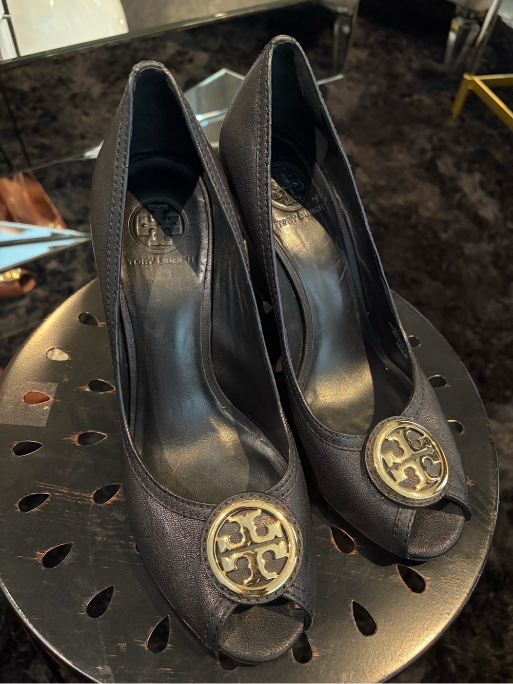 Tory Burch Sally Black Leather Peep Toe Wedge Pumps
